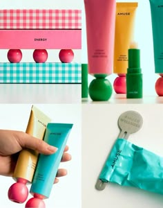 four different shots of hand holding various types of beauty products, including lip bales and sunscreens