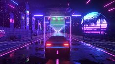 a car driving through a tunnel with neon lights