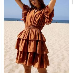 Size: Xs, Sold Out Online. Incredible Dress, Just Don’t Have An Occasion To Wear It To:( Chic Flutter Sleeve Mini Dress For Beach, Summer Ruffle Dress With Flutter Sleeve For Beach, Brown Ruffled Dress For Day Out, Brown Ruffle Hem Dress For Vacation, Summer Beach Ruffle Dress With Flutter Sleeves, Summer Ruffle Dress With Flutter Sleeves For Vacation, Flutter Sleeve Ruffle Dress For Summer Vacation, Brown Tiered Dress For Vacation, Short Sleeve Summer Ruffle Dress For Vacation