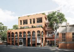 an artist's rendering of a brick building with balconies