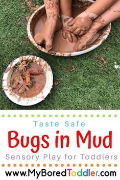 a child is playing with mud in a bowl on the grass and text reads, taste safe bugs in mud sensory play for toddlers