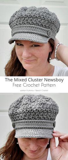 a woman wearing a crochet newsboy hat with buttons on the front and side