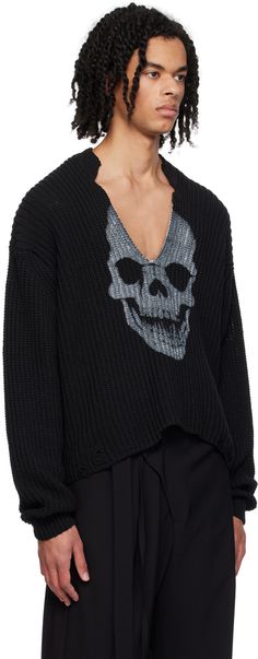 Rib knit recycled cotton- and recycled polyester-blend sweater. Distressing throughout. · Plunging V-neck · Graphic printed at front · Droptail hem · Dropped shoulders · Logo printed at back Supplier color: Black Edgy Fits, Black Striped Sweater, Skull Sweater, Black Skull, Black Skulls, Teenager Outfits, Knitwear Men, Striped Sweater, Fall Looks