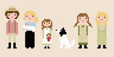 people are standing next to each other in pixel art style, with one person holding a dog