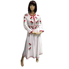 Traditional Romanian  dress from Moldova  The dress includes chest embroidery, long sleeves and a belt.  The products are made to order, according to the exact measurements of your body. 100% customizable!  Dress with traditional embroidery, made to order. Dress includes traditional belt.  Product made in Romania. Composition: 98% cotton, 2% polyester. Colors : White and Multicolor When you order, please send us a message with details on the size of the chest , waist and hips so we can send the Long Sleeve Embroidered Dress For Traditional Ceremonies, Folk Style Long Sleeve Embroidered Wedding Dress, Folk Style Long Sleeve Fitted Embroidered Dress, Folk Style Fitted Embroidered Long Sleeve Dress, Folk Style Fitted Embroidered Dress With Long Sleeves, Romanian Traditional Clothing, Romanian Dress, Wedding Dress Rose, Romanian Wedding