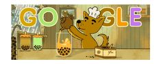 a cartoon dog standing in front of a sign that says go google on the screen