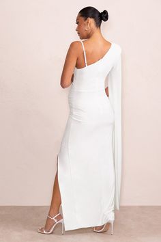 The Crown White Asymmetric Plunge Maternity Maxi Dress with Cape Sle – Club L London - USA Dress With Cape, Maternity Maxi Dress, Black Dress Prom, Black Tie Gala, White Maxi Dress, Maternity Maxi, Asymmetric Neckline, Cape Sleeves, Christmas Party Dress