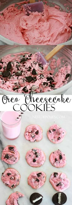 oreo cheesecake cookies with pink frosting and chocolate chips in the middle, ready to be eaten