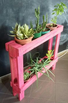 some plants are sitting on a pink shelf