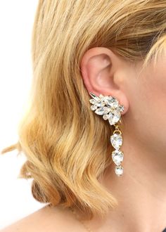 Bridal Earrings Climbing Chandelier Earrings Bridal Crystal | Etsy Dangle Ear Cuff For Party With Matching Earrings, Party Dangle Ear Cuff With Matching Earrings, Party-style Dangle Ear Cuff Single Earring, Party Single Dangle Ear Cuff, Pierced Dangle Ear Cuff For Wedding, Swarovski Crystal Chandelier, Dark Blue Earrings, Navy Earrings, Crystal Cluster Earrings