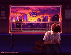 a man sitting on a bench in front of a window with the city lights lit up