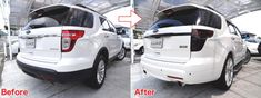 before and after shots of the rear end of a white suv