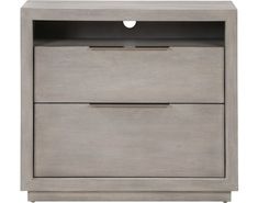 an entertainment center with two drawers and one door on the bottom, in grey wood