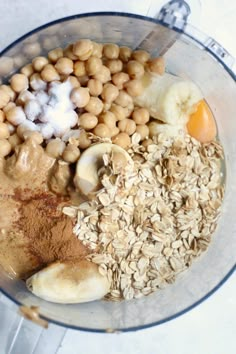 ingredients in a blender to make peanut butter banana oatmeal smoothie