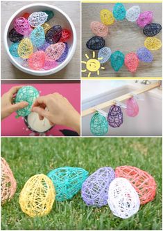 the instructions to make an easter egg string art project for kids with yarn and eggs