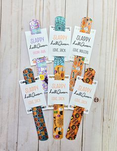 six different bookmarks with the words slappy, love lock and happy halloween written on them