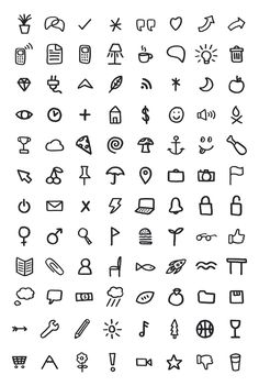 a large set of different symbols that are drawn in black ink on white sheet paper