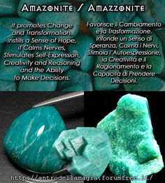 Magical Uses of Amazonite: Change and Transformation. Hope, Calms Nerves, Self-Expression, Creativity and Reasoning and Decisions.|| Usi Magici dell'Amazzonite: Cambiamento e Trasformazione. Speranza, calma i nervi, Autoespressione, Creatività e Ragionamento e la capacità di prendere decisioni. || L'antro della magia http://antrodellamagia.forumfree.it/?t=52843213 Amazonite Meaning, Earth Gift, Hag Stones, Self Expression, Crystal Therapy, Minerals And Gemstones, Healing Bracelets, Energy Crystals, Spiritual Healing