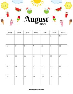 an august calendar with the sun, watermelon and ice creams on it