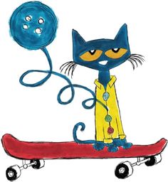 a drawing of a cat on a skateboard with a blue ball in the air