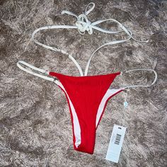 Layla Textured String Bikini Bottom M. Never Worn, Missed Return Window. Red Tie-side Bottoms For Sunbathing, White String Swimwear For Summer, Red Tie-side Swimming Bottoms, Red Tie-side Pool Bottoms, Red Tie-side Bottom Beachwear, Red T-back Swimwear For Poolside, Red T-back Swimwear For The Beach, White String Swimwear For Pool, Red T-back Swimwear For Beach