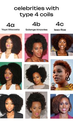 type 4 hair, curly type chart, hair types, 4a, 4a hair, 4b, 4b hair, 4c, 4c hair, solange knowles, issa rae, yaya dacosta, coils, coily hair, curls, curly hair #type4 #type4hair #coilyhair #coils #4a #4b #4c #4ahair #4bhair #4chair #issarae #yayadacosta #solangeknowles Curly Types Charts, 4b Hair Type, 4a Hair Type, Hair Type Chart, Yaya Dacosta, 4b Natural Hair, 4a Natural Hair, Type 4c Hairstyles, Wet Look Hair