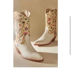 Momo New York Anthropologie Embroidered Western Boots Size 7 Embroidered Closed Toe Summer Boots, Spring White Embroidered Boots, Spring Embroidered White Boots, Spring Floral Embroidered Closed Toe Boots, Spring Floral Embroidery Closed Toe Boots, Traditional Snip Toe Boots For Spring, White Embroidered Pointed Toe Boots, Western Embroidered Boots For Summer, Embroidered Western Summer Boots