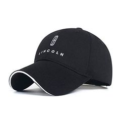 a black hat with the lincoln logo on it and white piping around the peak