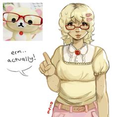 a drawing of a woman with glasses giving the thumbs up sign and an image of a teddy bear