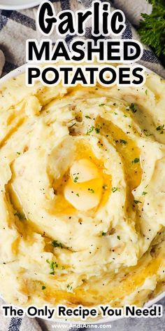 garlic mashed potatoes in a bowl with text overlay