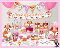 a pink and orange birthday party with fox decorations