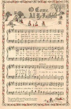 an old sheet with music notes and christmas carols on the front, in red