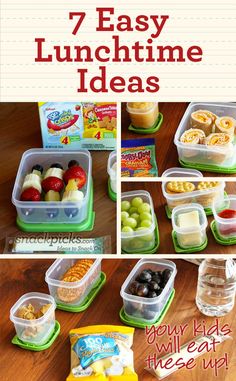 several pictures of food in plastic containers on a table with fruit, vegetables and crackers