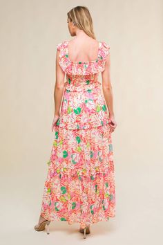 A printed woven midi dress featuring off shoulder neckline with ruffles, smocked bodice and tiered skirt with ruffles Details: Self : 100% PolyesterLining : 100% Polyester Size & Fit - Model is 5`8" And Wearing Size Small- Measurements Taken From Size Small- Approx. Length: 56" Summer Off-shoulder Smocked Dress With Ruffles, Pink Tiered Maxi Dress With Smocked Back, Multicolor Tiered Dress With Ruffles, Pink Tiered Midi Dress With Smocked Back, Multicolor Tiered Maxi Dress With Smocked Bodice, Multicolor Tiered Dress With Ruffles For Vacation, Pink Maxi Dress With Smocked Bodice And Tiered Skirt, Multicolor Ruffled Tiered Dress For Vacation, Pink Tiered Dress With Smocked Back