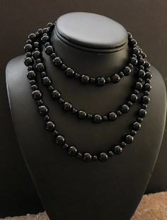 Sterling Silver Black Onyx Bead Necklace. 47 Inch | Etsy Elegant Black Beaded Long Necklace, Elegant Polished Black Beads, Elegant Black Polished Beads, Black Beaded Necklace With Round Beads, Black Beaded Long Necklace With Round Beads, Formal Onyx Beaded Necklaces With Polished Beads, Polished Black Beads For Long Necklace, Black Long Necklace With Round Beads, Formal Onyx Beaded Necklace With Polished Beads