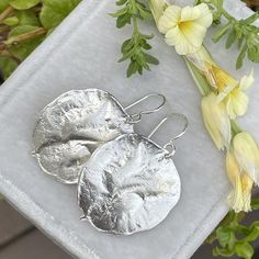 These sterling silver leaf earrings are made from sterling silver money tree castings. These large, comfortable botanical drop earrings have a natural, organic texture.These gorgeous castings of Lunaria Annua (money tree, or honesty plant) leaves retain all of the detail and texture of the original leaves. The surface of the leaves appears to be slightly folded and creased, just like that of the fresh leaves. I collected these leaves from my back yard and to get them ready to cast, built up the Silver Leaf-shaped Minimalist Earrings, Silver Leaf Minimalist Earrings, Minimalist Silver Leaf Earrings, Silver Nature-inspired Earrings For Everyday, Silver Nature-inspired Everyday Earrings, Silver Everyday Nature-inspired Earrings, Everyday Silver Nature-inspired Earrings, Nature-inspired Hammered Earrings As Gift, Silver Drop Earrings With Nature-inspired Style