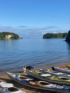 several canoes are lined up on the beach next to the water's edge