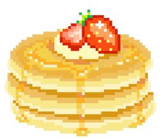 a stack of pancakes with a strawberry on top, pixelated in the form of a cross stitch pattern