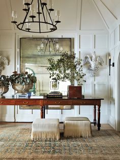 a room with a table and two stools in it