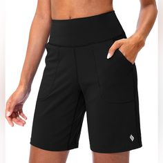 Santiny Nwt Black Bermuda Shorts For Women With Zipper Pocket Size Medium Black Fitted Athletic Shorts With Pockets, Black Mid-thigh Shorts With Pockets, Black Mid-thigh Length Shorts With Pockets, Black Athletic Shorts With Pockets And Short Inseam, Black High-waisted Athletic Shorts With Pockets, Stretch Biker Shorts With Pockets In Black, Black Stretch Biker Shorts With Pockets, Black Biker Shorts With Pockets For Workout, Black Workout Biker Shorts With Pockets