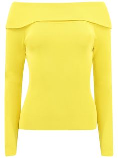 canary yellow ribbed knit off-shoulder long sleeves straight hem Versace Outfit, Yoko London, City Dress, Canary Yellow, Yellow Top, Summer Beach Wear, Lady Dior, Knit Jumper, Knitwear Women