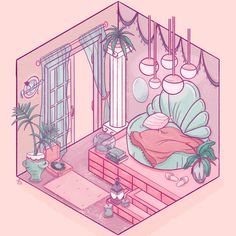 an illustration of a bedroom with pink walls and green plants in the corner, on top of a bed