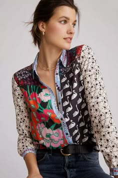 Maeve Contrast Buttondown | Anthropologie Winter Outfits Elegant, Reference Images, 50 Fashion, Floral Blouse, Sewing Inspiration, Printed Blouse, Get Dressed, Look Fashion, Sewing Ideas