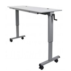 a standing desk with wheels on the bottom and one leg up to it's top