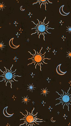 the sun, moon and stars are drawn on a black background with blue and orange colors