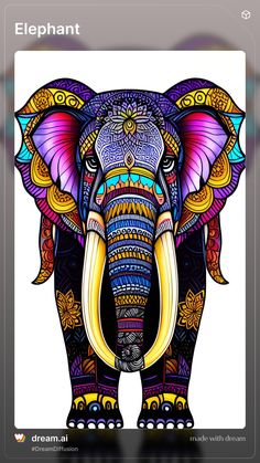 an elephant is shown on the screen with colorful colors and patterns, as well as text