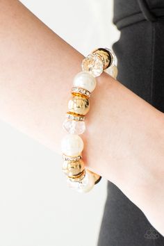 Camera Chic - White Paparazzi Bracelet - sofancyjewels Paparazzi Bracelets, Gold Pearl Bracelet, Chic Bracelet, White Gold Set, White Bracelets, White Gold Bracelet, Paparazzi Accessories, Stretchy Bracelets, White Rhinestone