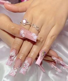 Nails With A Lot Of Charms, Victoria Sanchez, Pink Bling Nails, Princess Vibe, Quince Nails, Quinceanera Nails, Coquette Nails, French Acrylic Nails