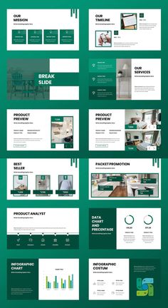 a green and white powerpoint presentation template with lots of different slideshows on it