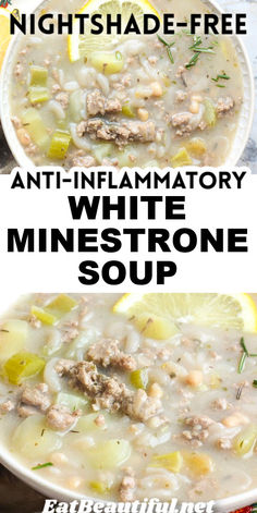 two bowls of white minestone soup with lemons and herbs on the side, one is